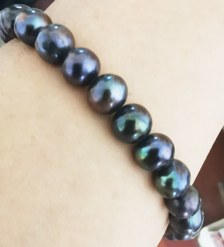 Charm 7.5"9-10mm Genuino Negro Redondo Perla Pulsera Joyería Hombres Mujeres