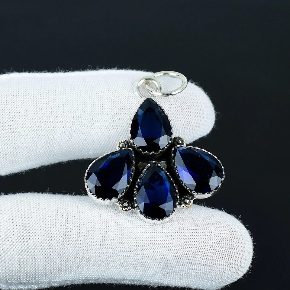 Zaffiro Blu Creato IN Laboratorio Gemma 925 Pendente Argento Sterling Per Regali - Immagine 2 di 4