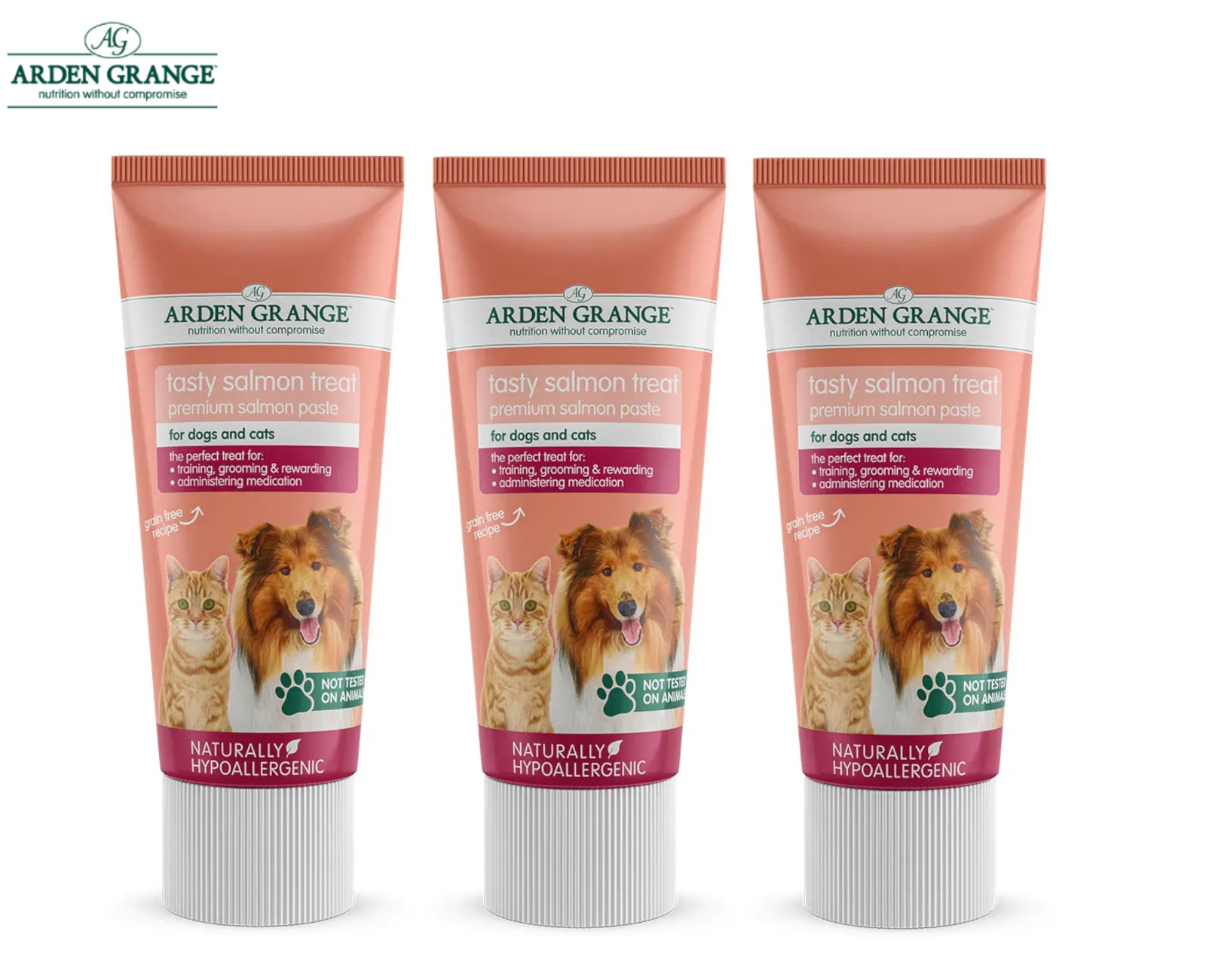 3 PACK ARDEN GRANGE PREMIUM SALMON TREAT PASTE FOR DOGS & CATS TRAINING 75G