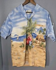KYs Hawaiian Camp Shirt Large Black Floral Tiki Palms Mens VTG USA Made