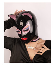 US Latex Hood Rubber Mask With Pink Cat Ears Back Zip and Bow Tie Collar Cosplay