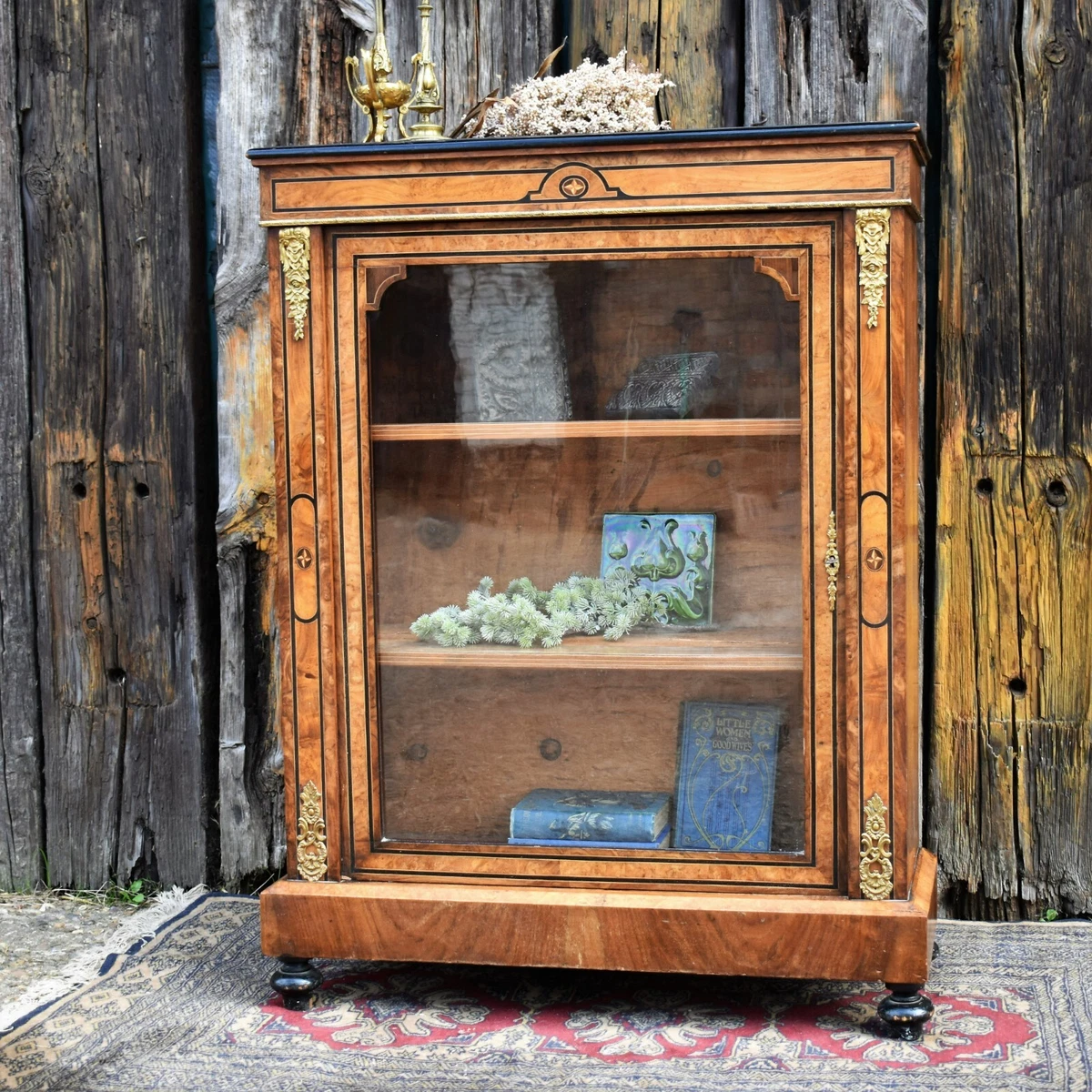 Antique walnut clearance display cabinet