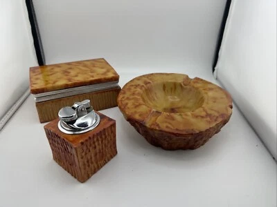 MAGNIFIQUE SET FUMEUR VINTAGE PIERRE ALBATRE BOITE CIGARETTES BRIQUET - Photo 1/4