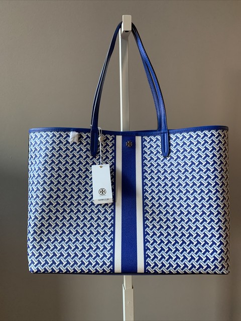 Tory Burch Tile T Link Jewel Blue Coated Canvas Leather Large Tote Bag Purse For Sale Online Ebay