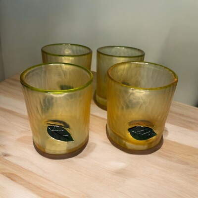SET OF 4 AMBER/GOLD Bombay Co 2004 OLD FASHIONED GLASSES WITH APPLIED LEAVES