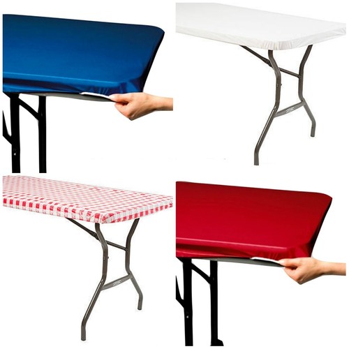 Stay Put Tablecover 29 x 72 Banquet Table Windproof White Blue Red Gingham 6 ft - Picture 1 of 13