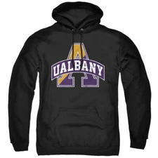UAlbany Adult Pullover Hoodie Distressed Primary, Black, S-3XL