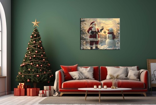 Santa Claus with Snowman Christmas Wall Art Decor,Giclée Print,Xmas 2024 Gifts - Picture 6 of 8