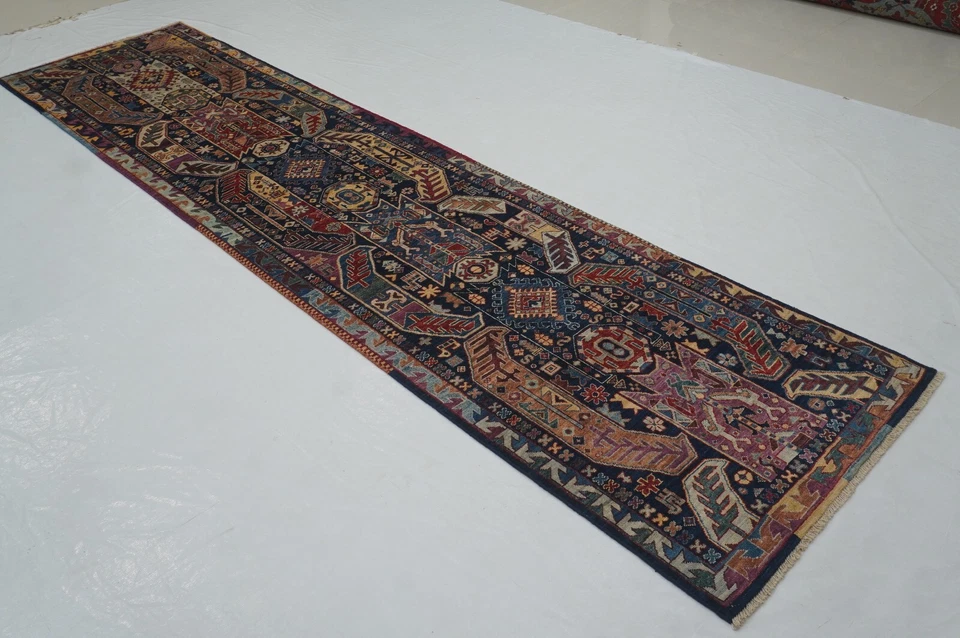 3 x 12 ft Navy Blue Samarkand Afghan Hand knotted Transitional Runner Rug - Image 2 of 4