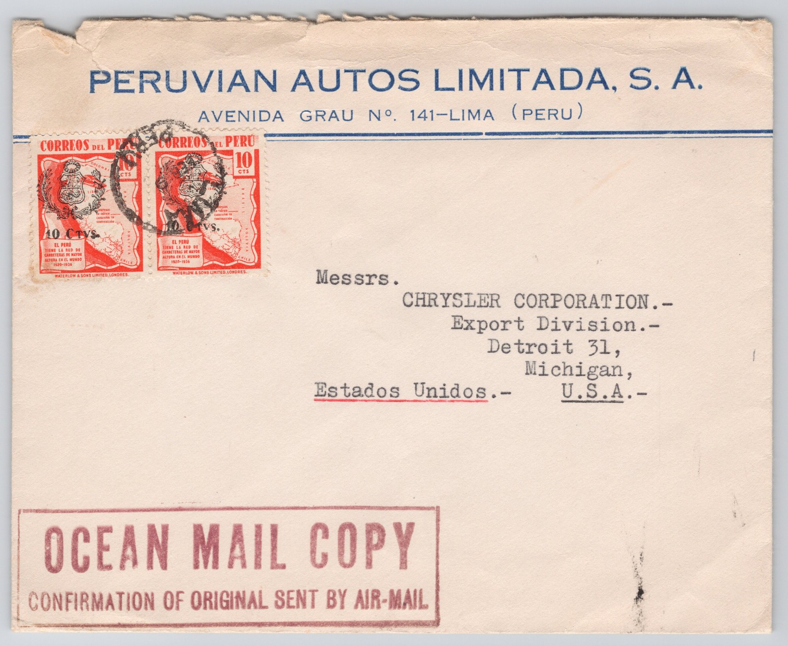 Peru to USA 1930s Commercial Cover – Chrysler Corp Export – Ocean Mail Copy