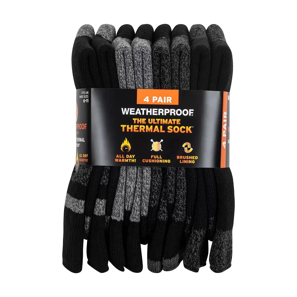 Weatherproof Mens Thermal Sock 4 Pack in Black, Size 7 - 11