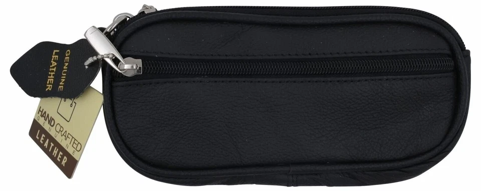 Genuine Leather Zippered Double Eyeglass Sunglasses Case Holder Black - Image 2 of 4