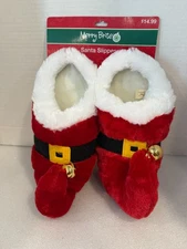 Santa Elf Slippers Christmas Red House Shoes  Plush Jingle Bells M 7/8 Dan Dee