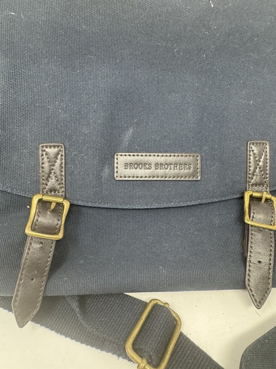 Brooks Brothers Navy Canvas Messenger Bag Leather Trim Adjustable Strap View 2