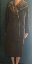 Vintage Women s Brown Fur Herringbone 2pc Skirt Suit Set Silk Lining Inside