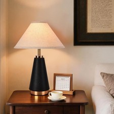 18.11 Inch Black Modern Table Lamp, Beige Fabric Shade with PU Leather Base