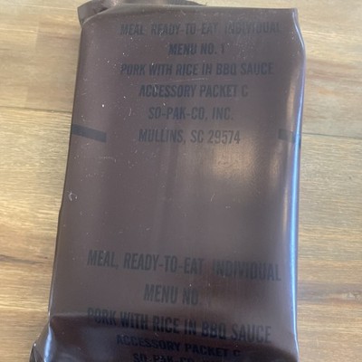 USGI 1990 Desert Storm Meal Ready To Eat MRE Menu 1 Pork With Rice In BBQ Sauce