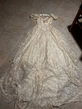 Vintage Ivory Lace Wedding Dress Victorian Style Puff Sleeves Long Train Gown.