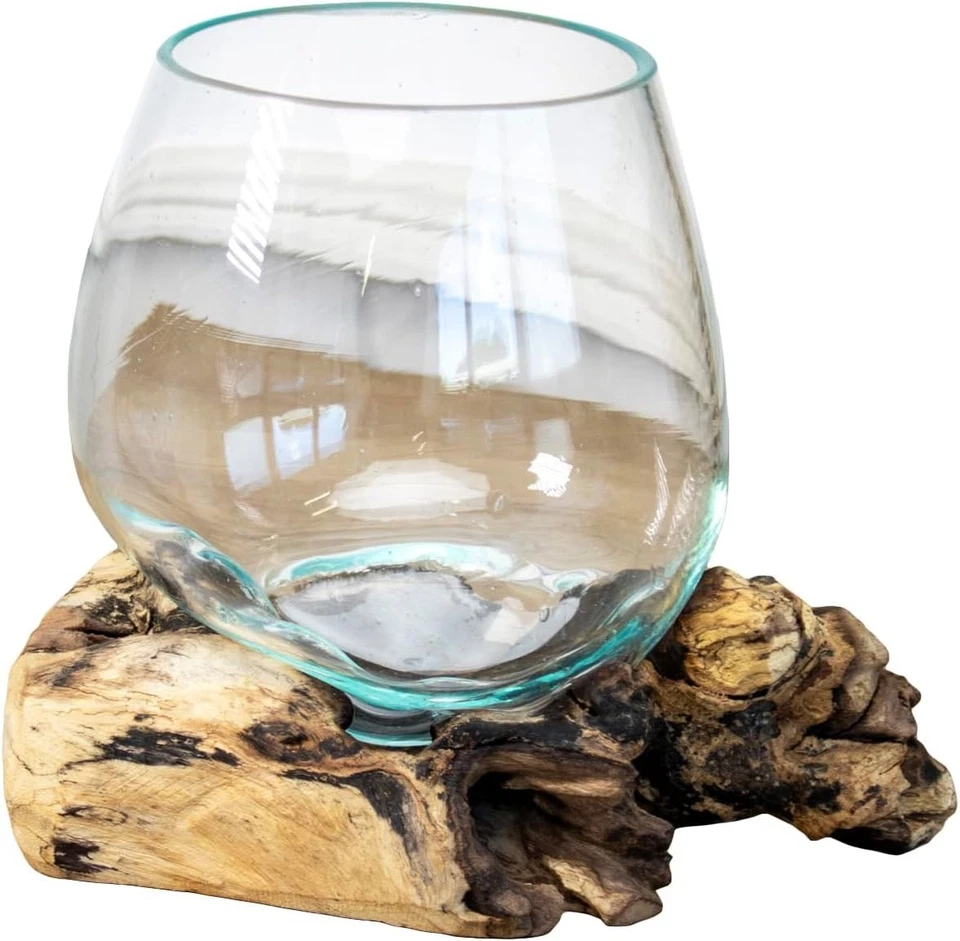 Nachhaltige Teakwurzel mit geschmolzener Glasschale - Atemberaubendes handwerkliches Dekor - 14x11cm - Bild 3 von 4
