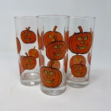Super cute Tall Halloween Pumpkin Glasses 6.5" set of 3 Glasses jack-o'-lantern
