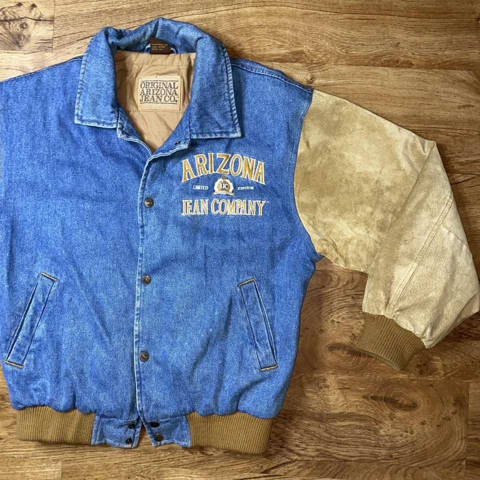 复古 Arizona Jean Company 夹克男式小号蓝色牛仔皮革轰炸机 90 年代 — 第 3/4 张图片