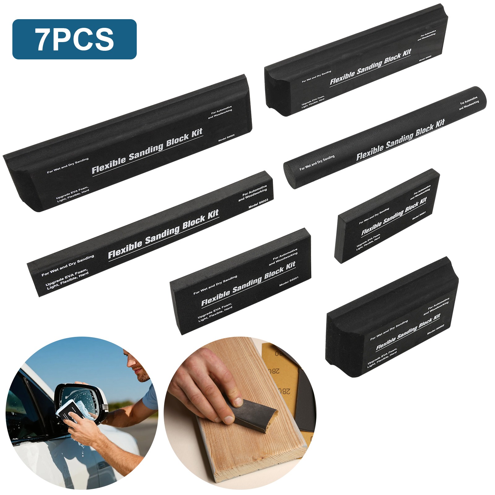 7Pcs Sanding Block Kit Flexible EVA Foam Wet or Dry for Automotive or Woodwork