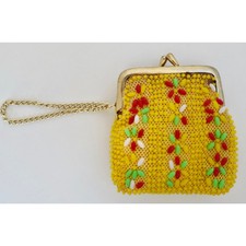 VINTAGE NEW 1960's Fancy Beaded Yellow Small Change Purse with Strap