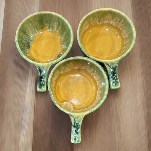 Set Of 3 Vintage McCoy USA Green/Yellow Dip Glaze French Onion Soup Bowls