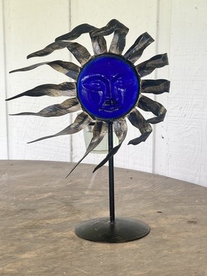 Vintage Whimsigoth Cobalt Blue Glass Sun Face Candle Holder