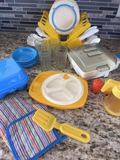 Vintage 1987 Fisher Price Fun Food Dish Rack Plates Bowls Silverware syrup lot