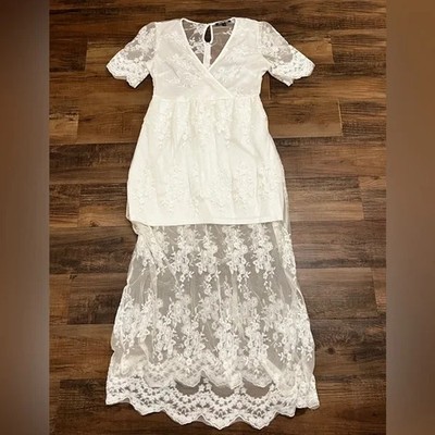 NWT Gianni Bini White Lace Maxi Dress Gown Beach Wedding Vibes Short Sleeve Sz M