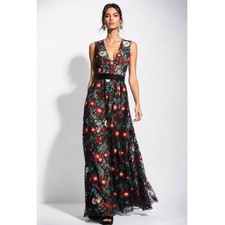 Alice+Olivia Ally Black Floral Lace Maxi Dress with Red & Teal Embroidery Sz:0