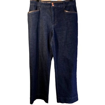 Bagatelle Collection Womens 30 Dark Wash Wide Leg Crop Jeans Faux Leather Trim