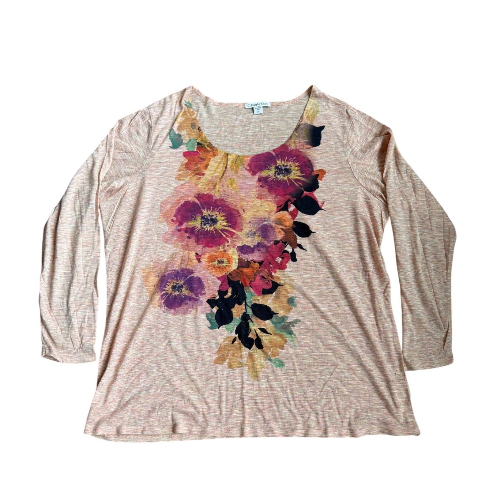 Coldwater Creek Womens 2X Peach Floral Space Dye Knit Long Sleeve Scoop Neck Top