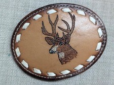 vintage DEER belt buckle STITCHED leather WESTERN handcrafted BIG BUCK brown