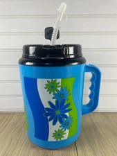 Betras USA Vintage 64oz Giant Travel Mug Summer Fun Neon Blue w/Flowers