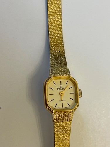 Reloj de cuarzo vintage para dama Elgin diamante acero inoxidable tono dorado - Imagen 2 de 9