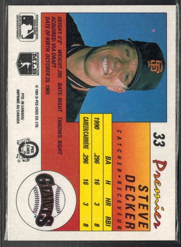 1991 O-Pee-Chee Premier ~ Steve Decker 33 novato - Imagen 2 de 2