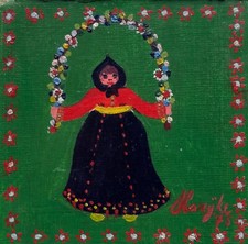 Dipinto Ad Olio Naif Donna Con Fiori 1975 Marÿke 11 X 11,2 Cm