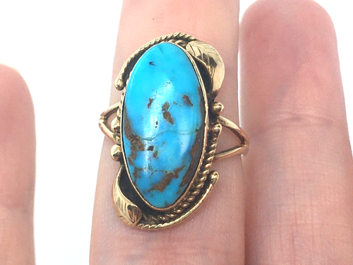 Anillo nativo americano turquesa oro amarillo liso 14k 4,9 g talla 7 - Imagen 5 de 8