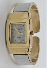 GOSSIP Watch Ladies New Battery Hinged Cuff Rectangular Gold Case White 6.5 Band