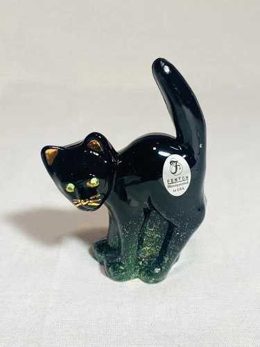 Fenton Glass Black Scaredy Cat Halloween Glitter Rhinestone Eyes Signed