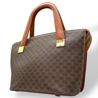 Authentic CELINE Macadam Vintage Handbag PVC Leather Brown Gold Rare Zip