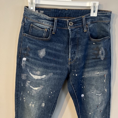 G-Star Raw 3301 Slim Blue Denim Jeans Skinny Stretch 29x34 Paint Distressed Nice - Picture 2 of 16