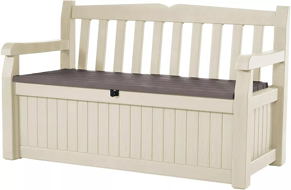 Keter Plastic Storage Box Bench Outdoor Garden Furniture Beige N Brown with Lid