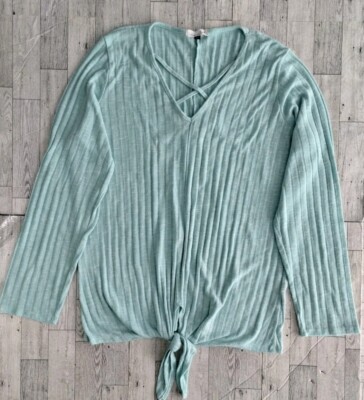Caleigh&Clover Top Green Casual V Neck Long Sleeve Tie Front Knot Mermaid Brunch