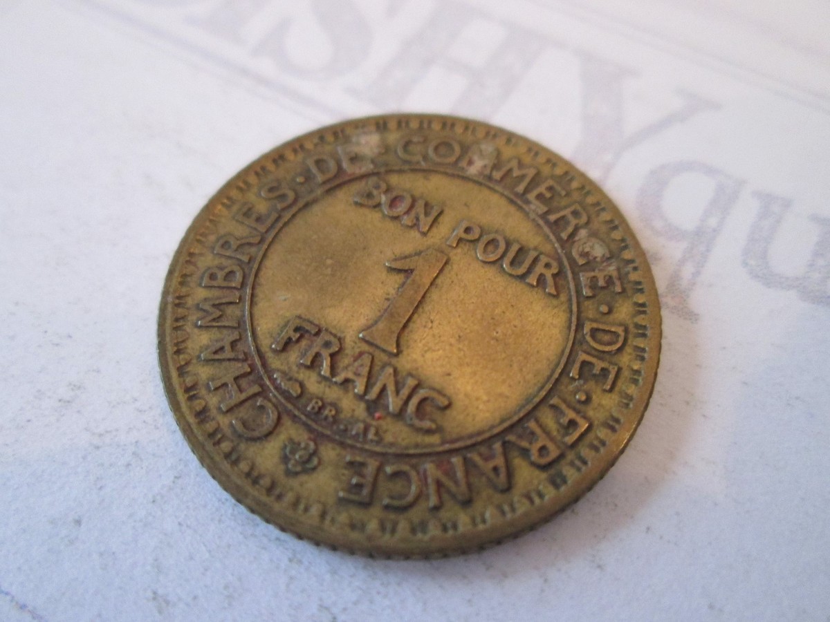 1922 ONE 1 FRANC! Vintage FRANCE coin: COMMERCE INDUSTRIE