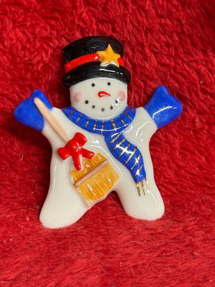 Happy Snowman Brooch Handpainted Bright Colors on White Ceramic