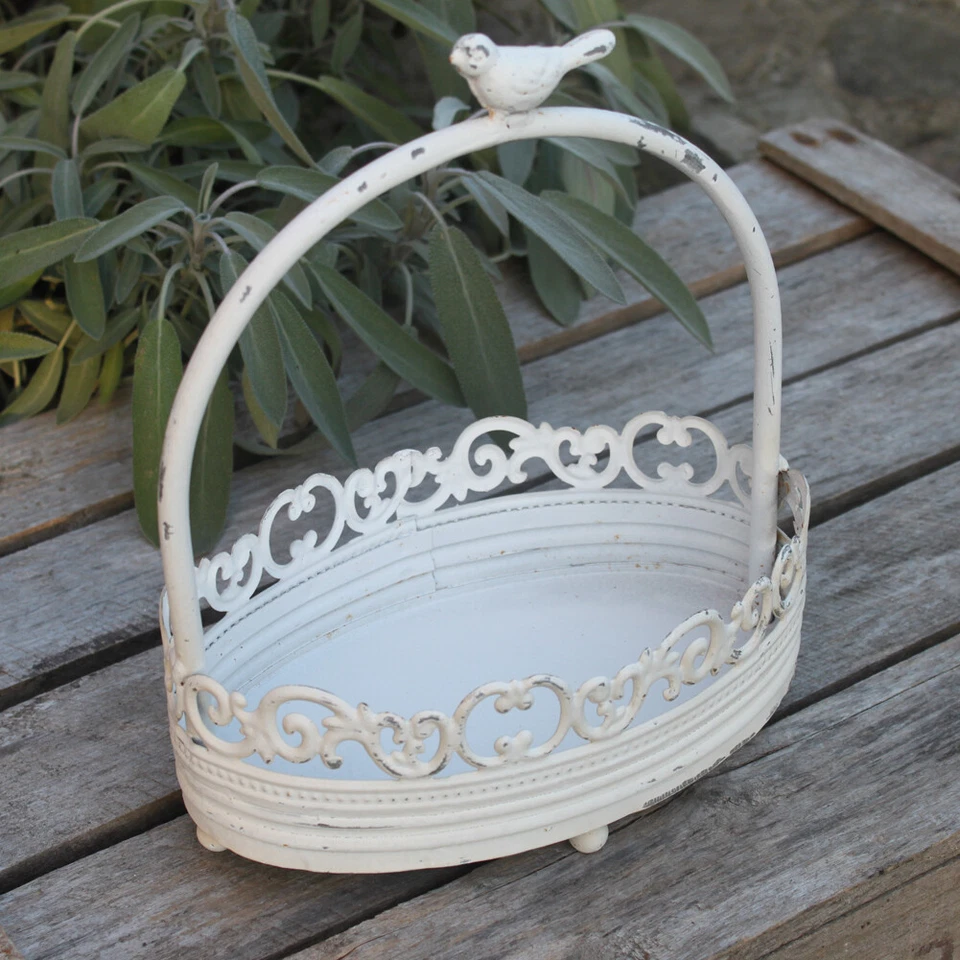Vintage Oval Deko Metall Henkel Korb Vogel Weiß Landhaus Dekokorb Metallkorb - Bild 2 von 3