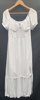 NEW Hollister White L Coquette Midi Dress Side Slit Smocking Milkmaid 